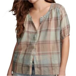 NWT LUCKY BRAND Plaid Short Sleeve Button Front Slightly Sheer Top Size Small